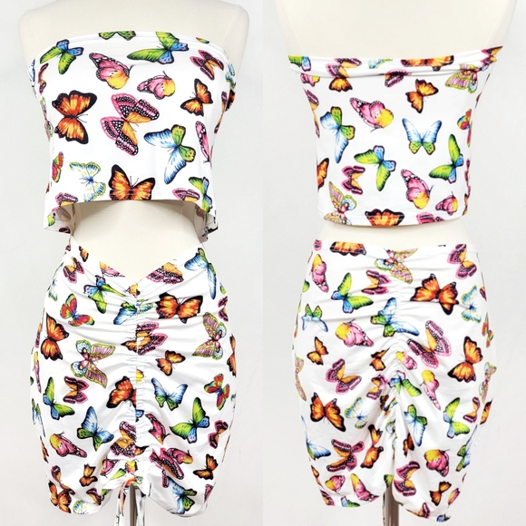90s Y2K Retro Inspired 2-in-1 White Butterfly Stretchy Top and Skirt - Picture 1 of 7